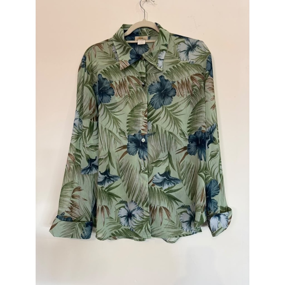 Tommy Bahama Women's L Button Up Shirt Sheer Long Sleeves Floral Tropical Beach